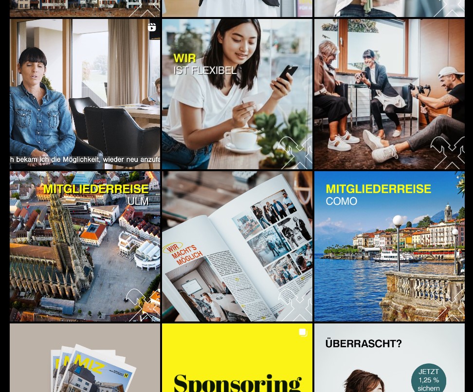 Instagram-Feed der Raiffeisenbank Bodensee-Leiblachtal mit Beiträgen zu Mitgliederreisen, Sponsoring und Mitarbeiterporträts
